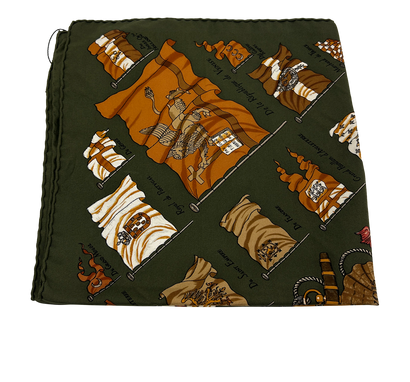 Hermes Pañuelo de bolsillo, 120&euro;, Bolso, Marrón/Verde, Seda - Satén, Vista frontal